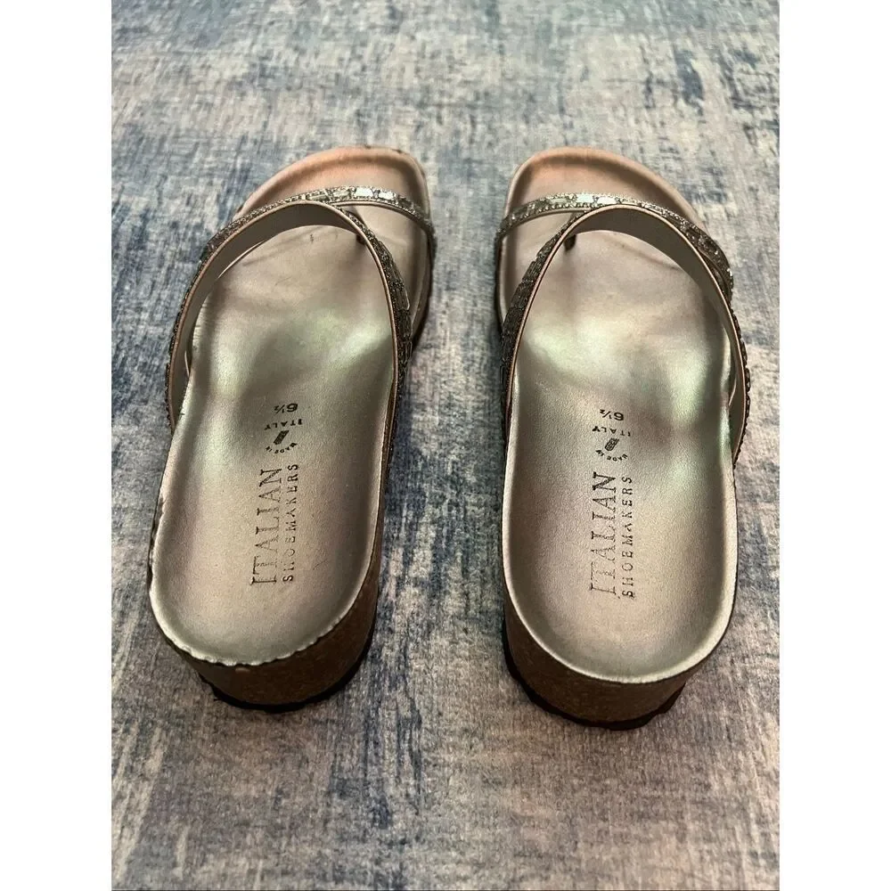 Italian Shoemakers Pewter Metallic Wedge Strappy Sandals Women's 6.5